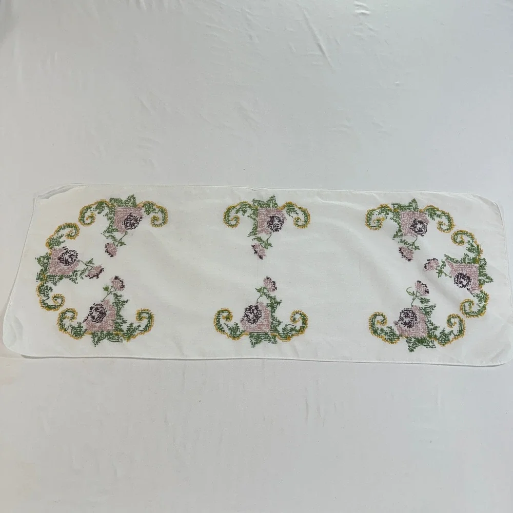 Vintage Hand Embroidered Cross Stitch Floral Table Runner White Cotton 36x13